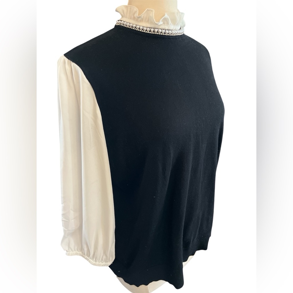 Cable & Gauge twofer sweater black knit body ivory poplin sleeves ruffle neck XL - Picture 3 of 15